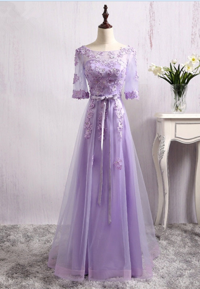 Dress Party A Purple Evening Party A Beautiful Clear Appliques Lace Half Sleeve Party Robes