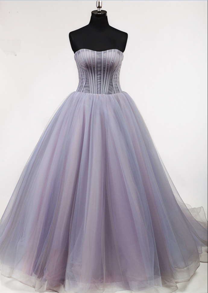 A Line Off Shoulder Pleat Lace Up Back Court Train Elegant Lady Lovely Light Purple Full Boning Bodice Prom Dress