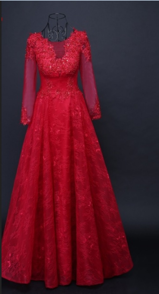 The Red Long Sleeve Lace Dress At Formal Dress Ball Party At Night And The Beauty Dress Is