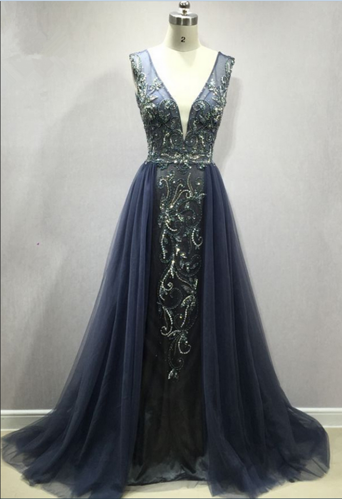 Sparking Beading Long Prom Dresses Sexy V Neck Open Back Tulle Formal Evening Dress Party Gown