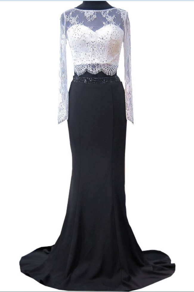 The Beautiful Dress, The Mermaid's Open-air Gown With Long Sleeve Lace And Black And White Gown
