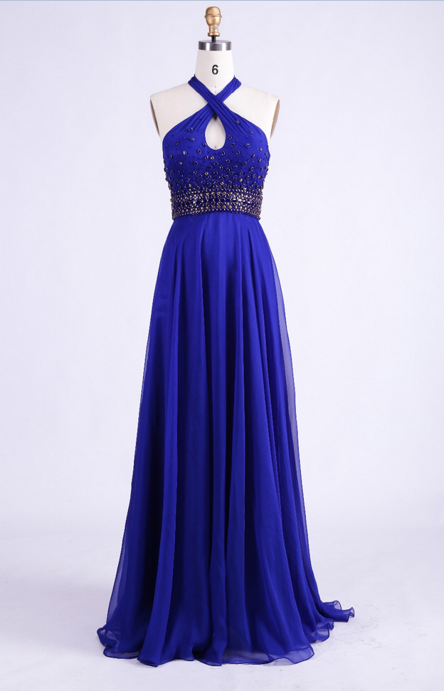 Evening's Lofty Long Gown Halter Blue Pearl Single Party Silk Feasta Prom Dress
