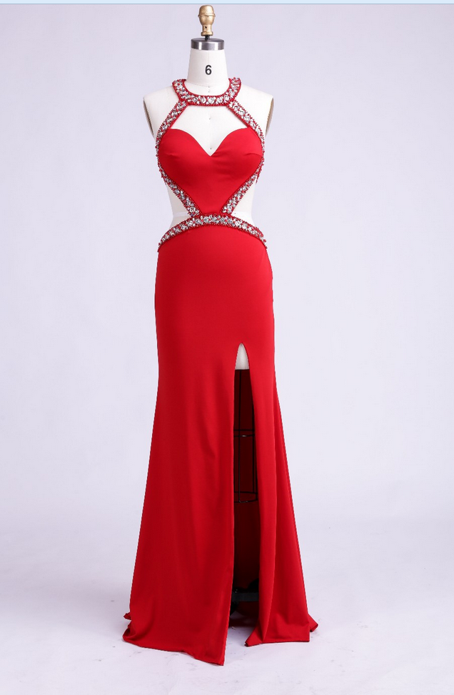 Red Halter Cut Out Mermaid Long Prom Evening Dress Featuring Beaded Embellishment And Front Slits