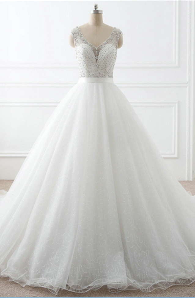Beaded Embellished Plunge V Sleeveless Tulle Wedding Gown Featuring Court Train