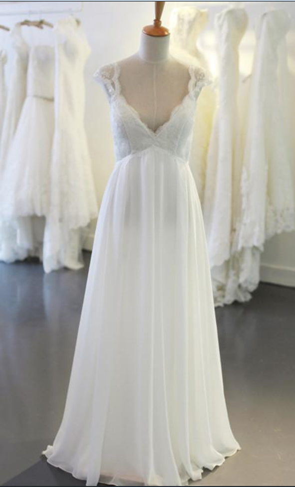 Lace Bodice Chiffon Skirt Brush Train V-neck Cap Sleeves Beach Wedding Dresses