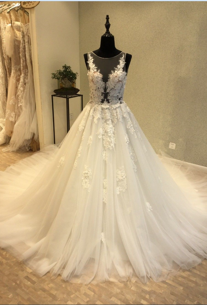 A-line Wedding Dress, 3d Flowers Wedding Dresses. Sheer Neck Long Sleeves Bridal Dress, Tulle Long Bridal Gown