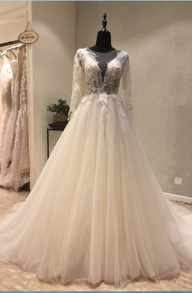 A-line Wedding Dress, V-neck Wedding Dresses. Sheer Neck Long Sleeves Bridal Dress, Tulle Long Bridal Gown