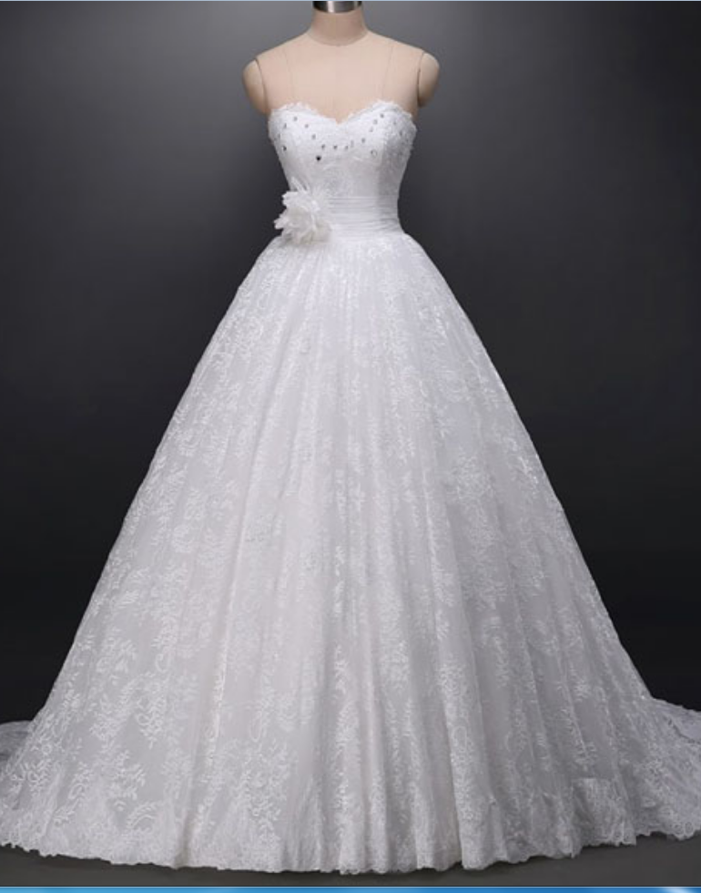 Exquisite Ball Gown Sweetheart Court Train Lace Wedding Dress With Rhinestone Handmade Flower