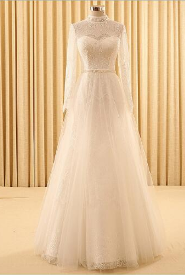  Long Sleeves Hollow Lace Wedding Dress New Style Pearls A-Line Simple Bride Dress Robe 