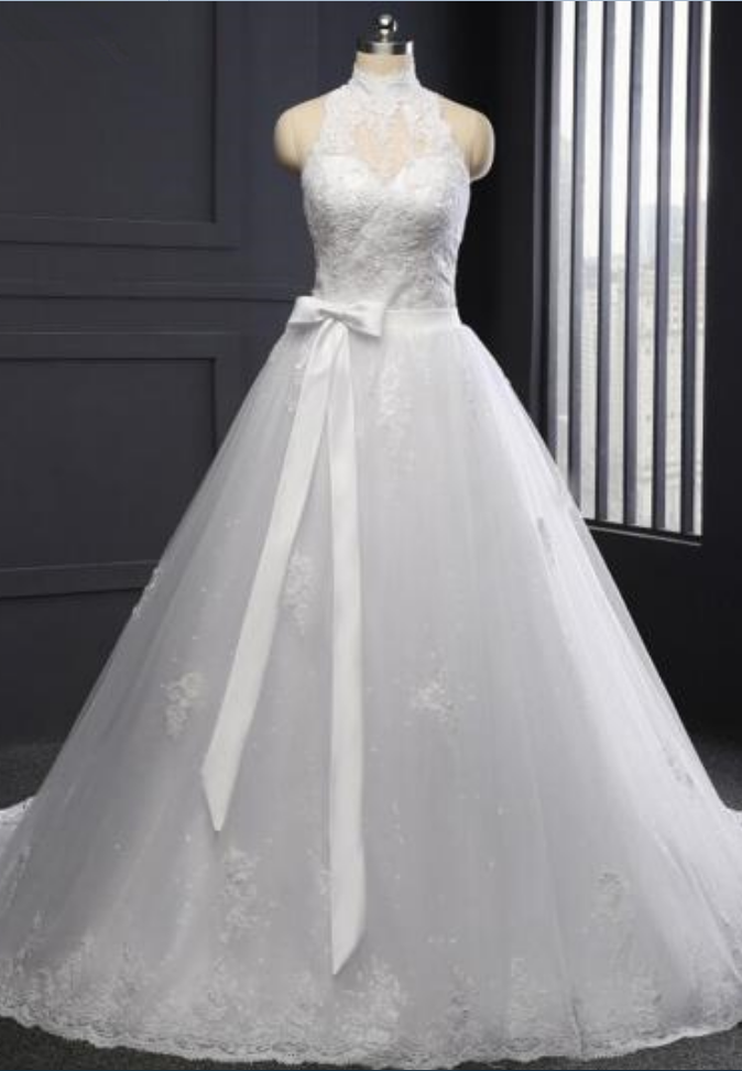 High Neck A-line Lace Wedding Dress With Chapel Train