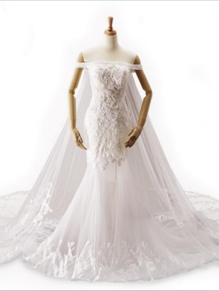 Long Mermaid Wedding Dress White Pearls Sequined Tulls Sating Long Floor-length Short Sleeves Real Picture