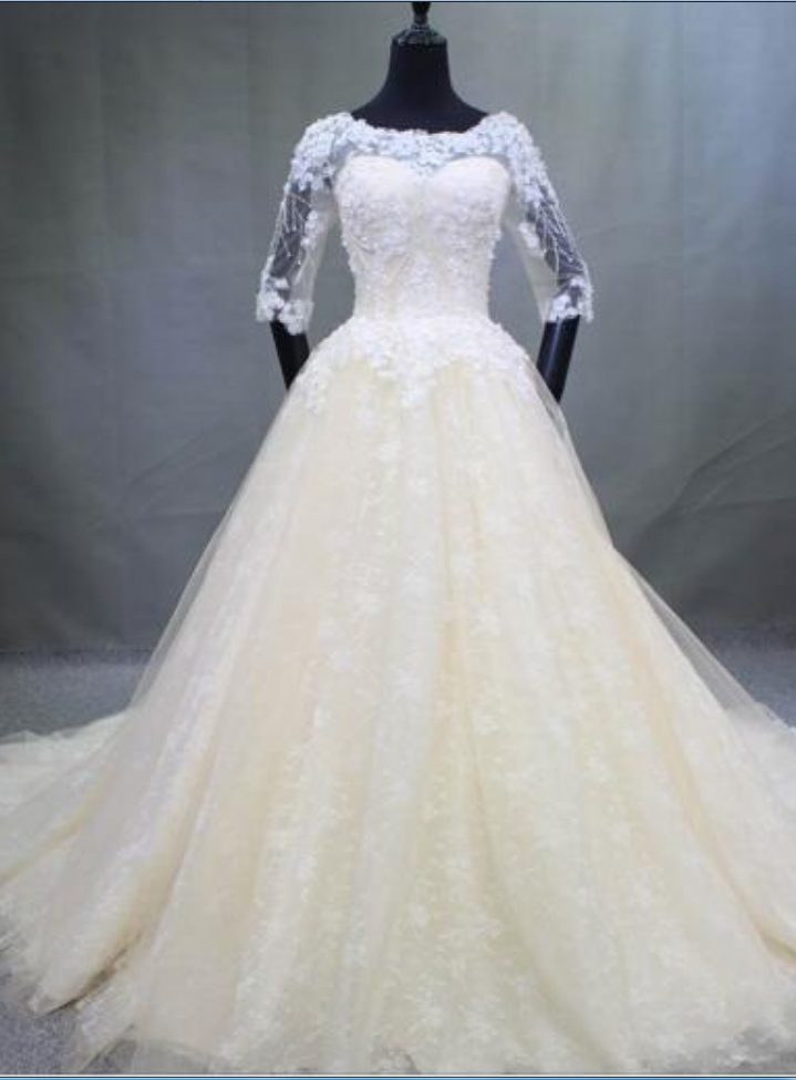 Real Photo Sheer Neckline Chapel Train Wedding Dress Illusion Graceful Half Of Sleeve Novia Back Zip Bridal Gown
