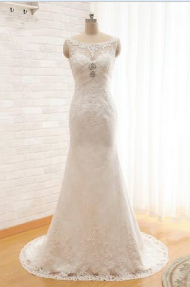 Real Picture Scoop With Appliques And Crystal Beading Long Mermaid Wedding Dresses Bridal Gown