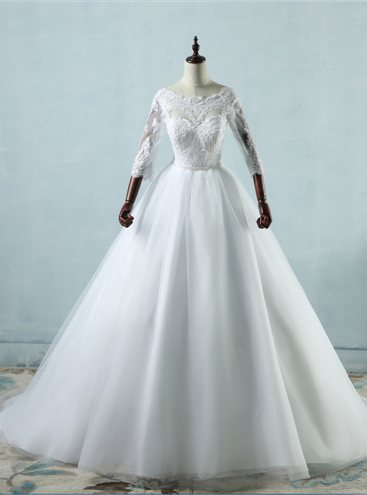 Long Wedding Dress, Lace Wedding Dresses, Tulle Wedding Dress, Floor-length Bridal Dress, 3/4 Sleeve Wedding Dress, Custom Made Wedding Dress,