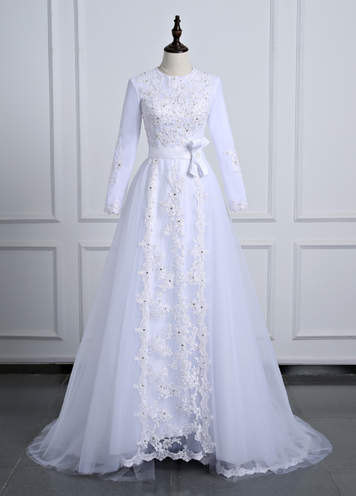Long Sleeve Wedding Dresses Tulle Floor Length Bridal Dresses With Lace Appliques