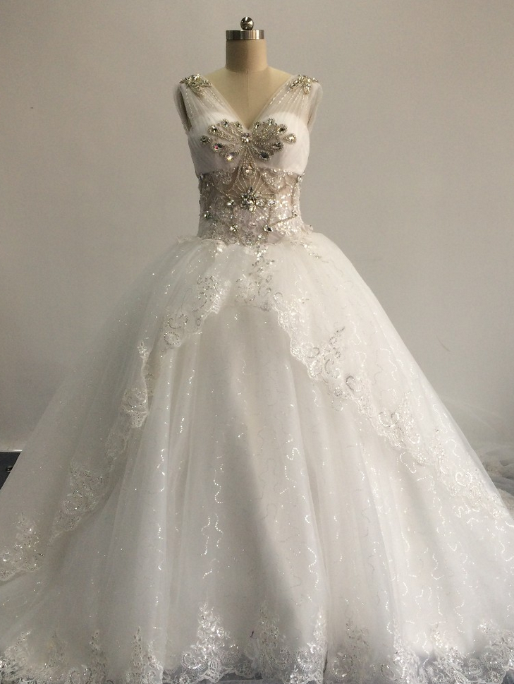 Luxury V Neck Wedding Dress,beaded Crystals Sleeveless Ball Gown Puffy Long Wedding Dresses Bride Dress