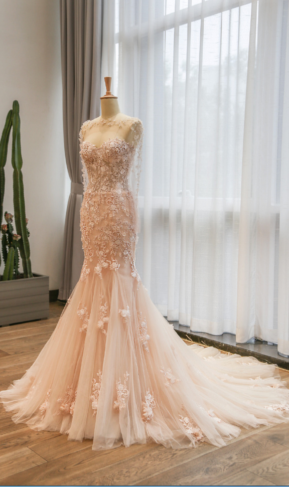 Elegant Wedding Dress ,mermaid Lace Wedding Dresses,pink Wedding
