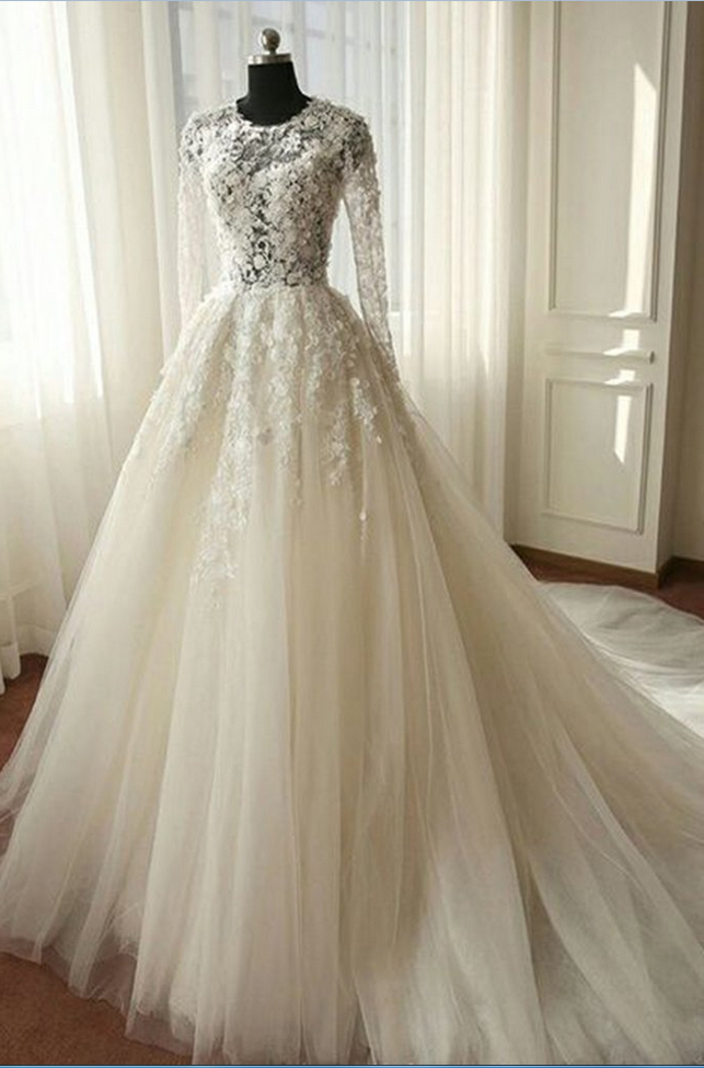 White Chiffon Lace Wedding Dress,long Sleeves Wedding Dresses,see-through A-line Long Bridal Dresses,wedding Dresses