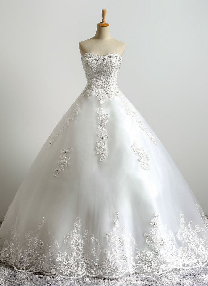 Ivory Floor Length Lace Tulle Wedding Gown Featuring Lace Appliqués And Rhinestones Embellished Sweetheart Bodice