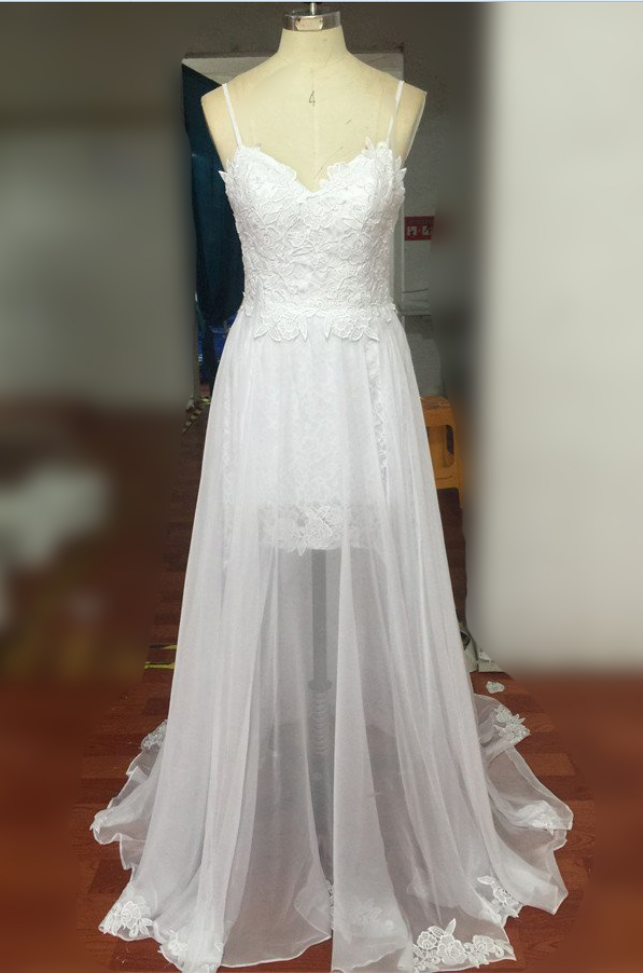 Spaghetti Straps Wedding Dress,beach Wedding Dresses,white Lace Chiffon Backless Beach Wedding Dress,side Slit Wedding Gown