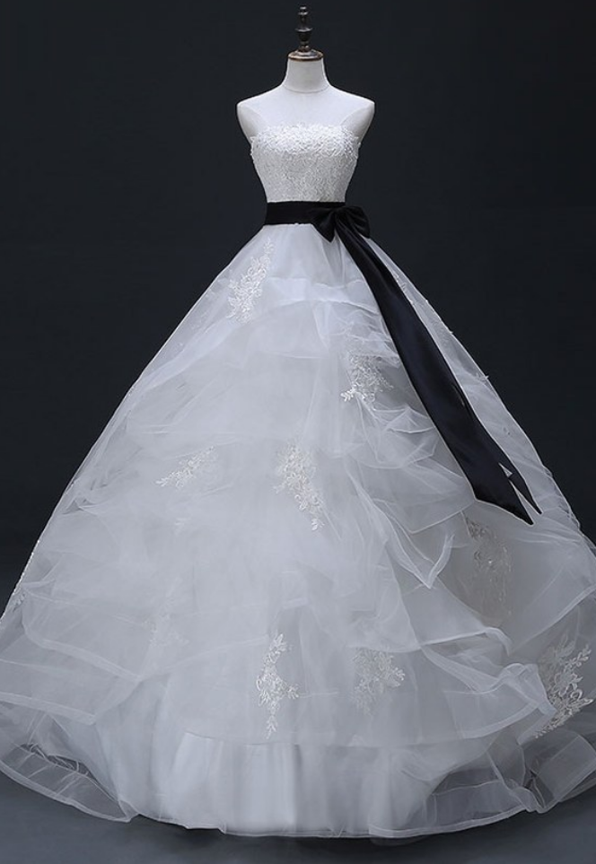 Charming White Lace Tulle With Black Bowknot Belt Ball Gown, Wedding Dress Bridal Gowns Formal Dress