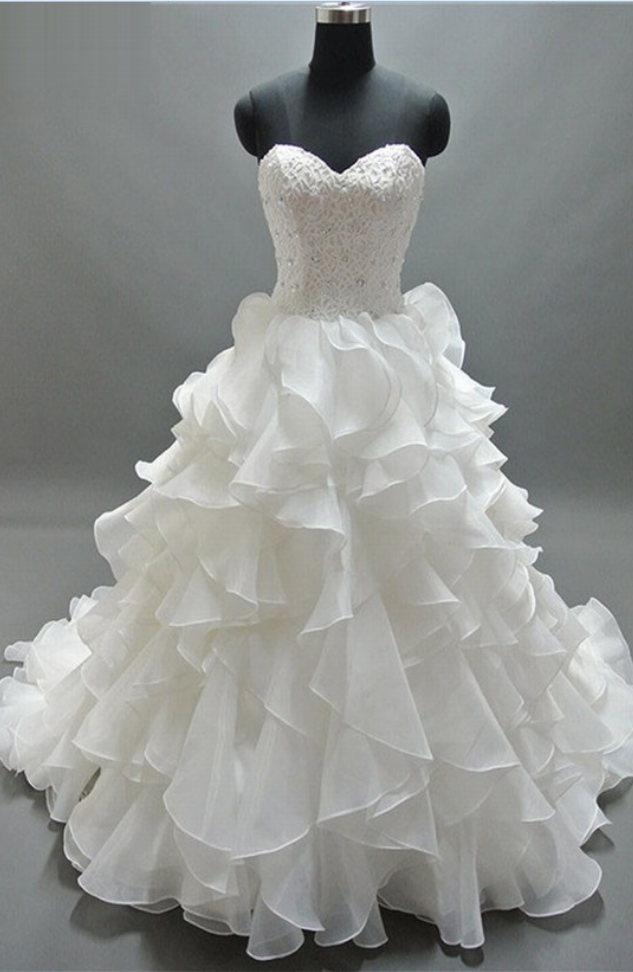 A Line Sweetheart Strapless Beaded Lace Ruffles Luxuary Wedding Dress Custom Made Wedding Gown
