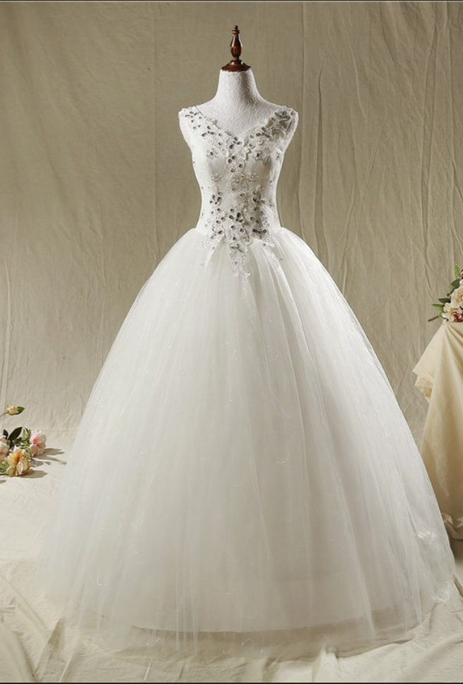 Fashion Crystal V Collar Both Shoulders Lace Wedding Dress Bridal Dress