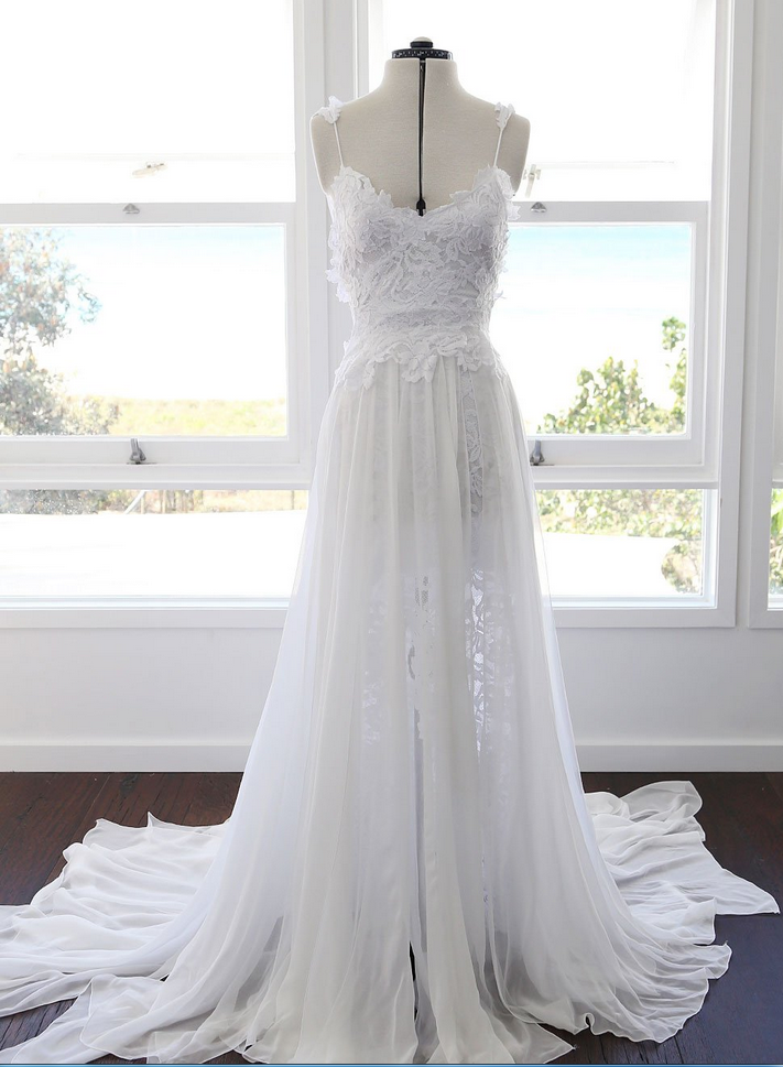 A-line Spaghetti Strap White Lace Chiffon Summer Beach Wedding Bridal Dresses Backless