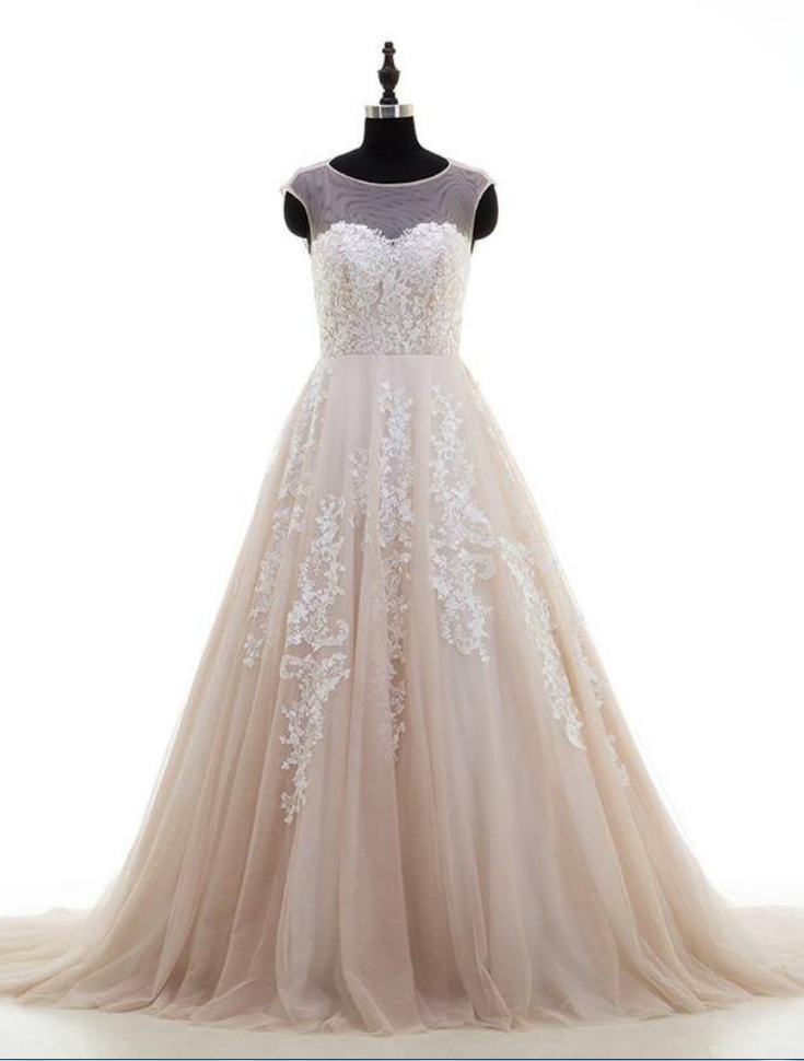 Ivory Lace Appliqued Nude Tulle Chapel Train Wedding Dresses