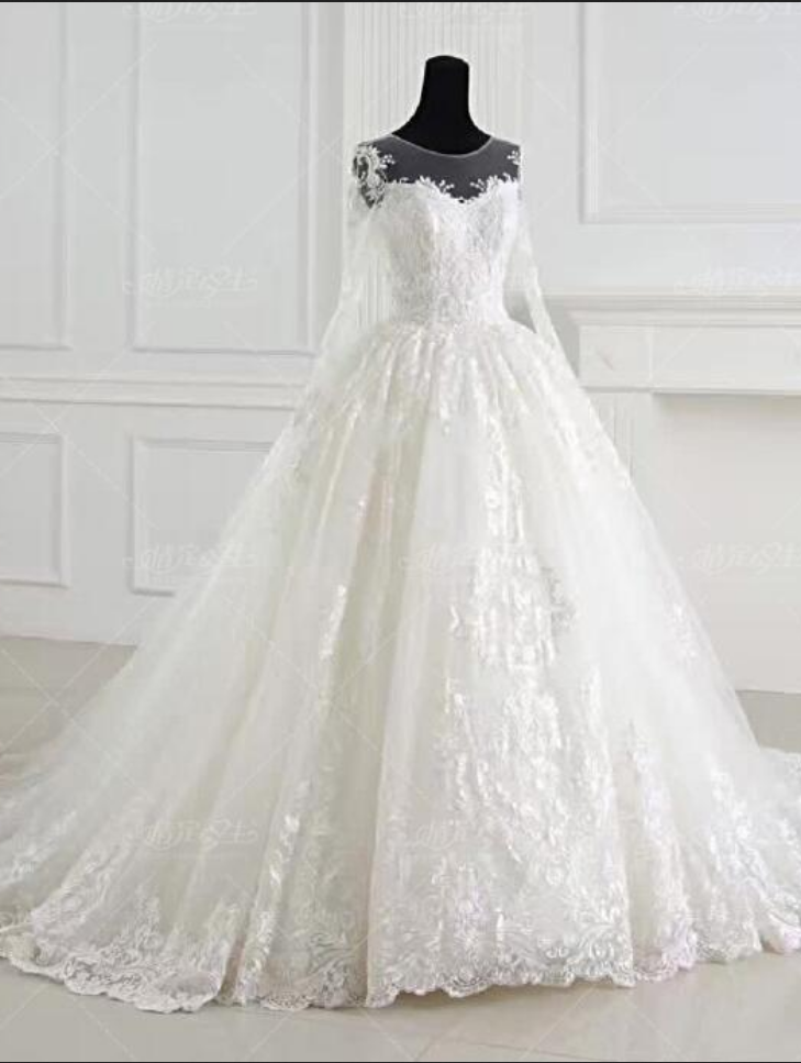 Long Sleeve Lace Wedding Dresses Ball Gown Tulle Wedding Gowns White Chapel Train Bridal Dresses