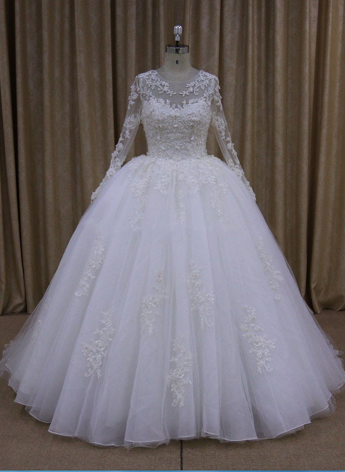 Sheer Long Sleeves White Organza Tulle Ball Gown Wedding Dresses Lace Appliques