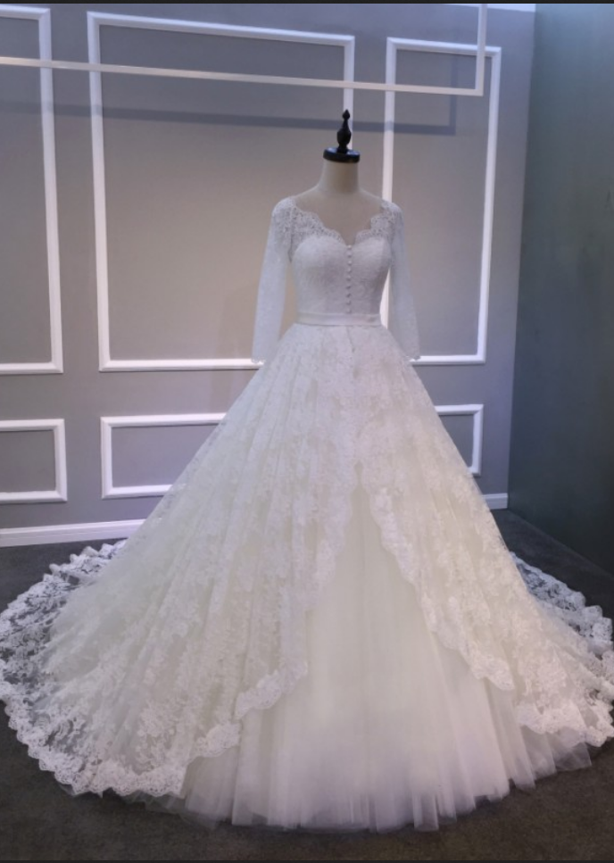 Ball Gowns Ivory Long Lace Tulle Wedding Dresses,v Neck Long Sleeve Bridal Gowns, Wedding Dress,custom Bridal Dress