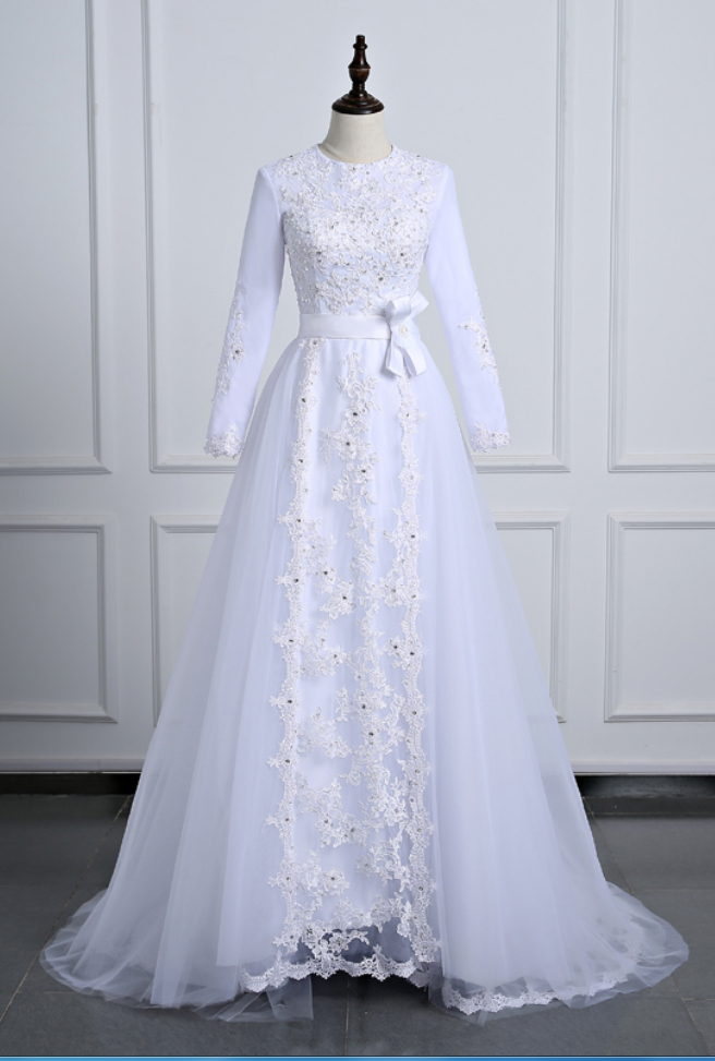Long Sleeve Wedding Dresses Tulle Floor Length Bridal Dresses With Lace Appliques Muslim Wedding Dresses With Sash Real Photo