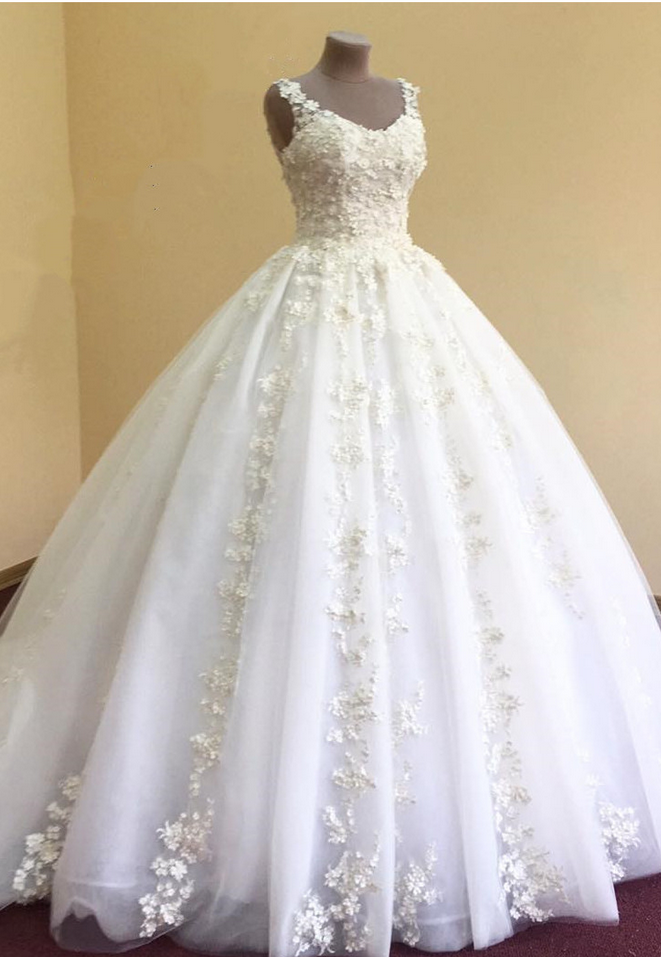 Wedding Dresses Ball Gown,flower Lace Appliques Wedding Dresses,white Quinceanera Dresses, Wedding Gown