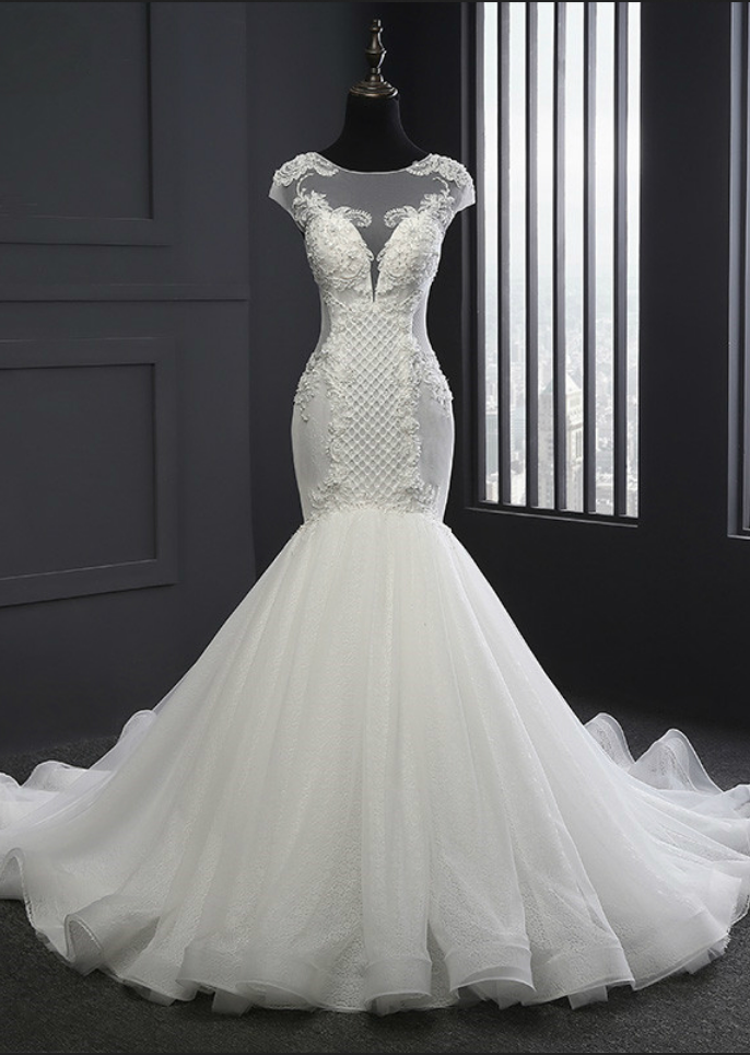 Style Scoop Neck Wedding Dresses Mermaid Lace-up Lace Appliques Wedding Dress