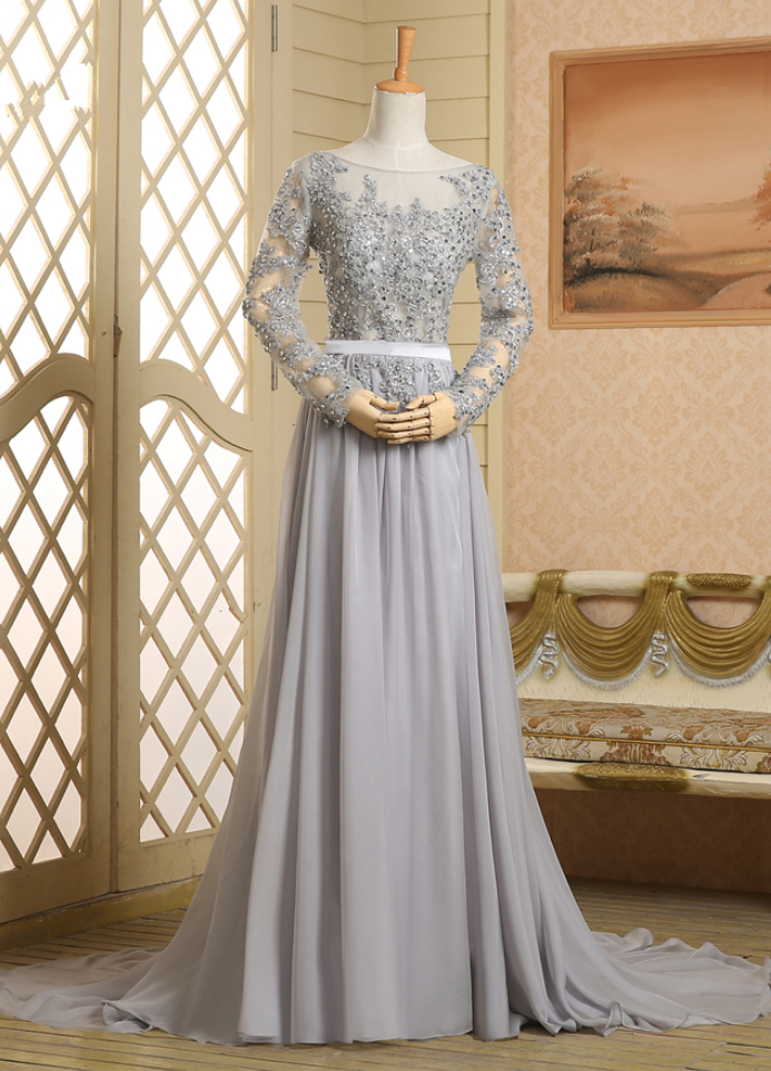 See Through Scoop Neckline Grey Chiffon Long Sleeves Prom Dress Applique Lace Open Back Evening Dresses