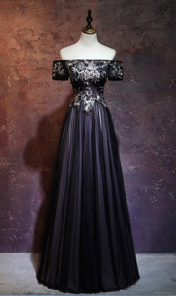 Black Tulle Lace Applique Long Prom Dress, Black Evening Dress