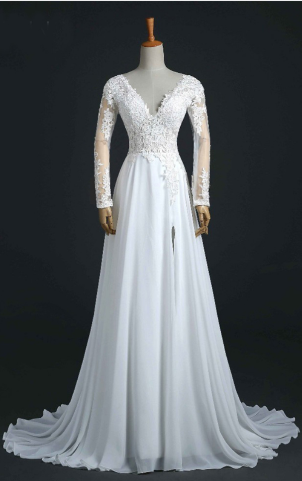 V-neck Long Sleeve A-line Wedding Dress With Lace Appliqués