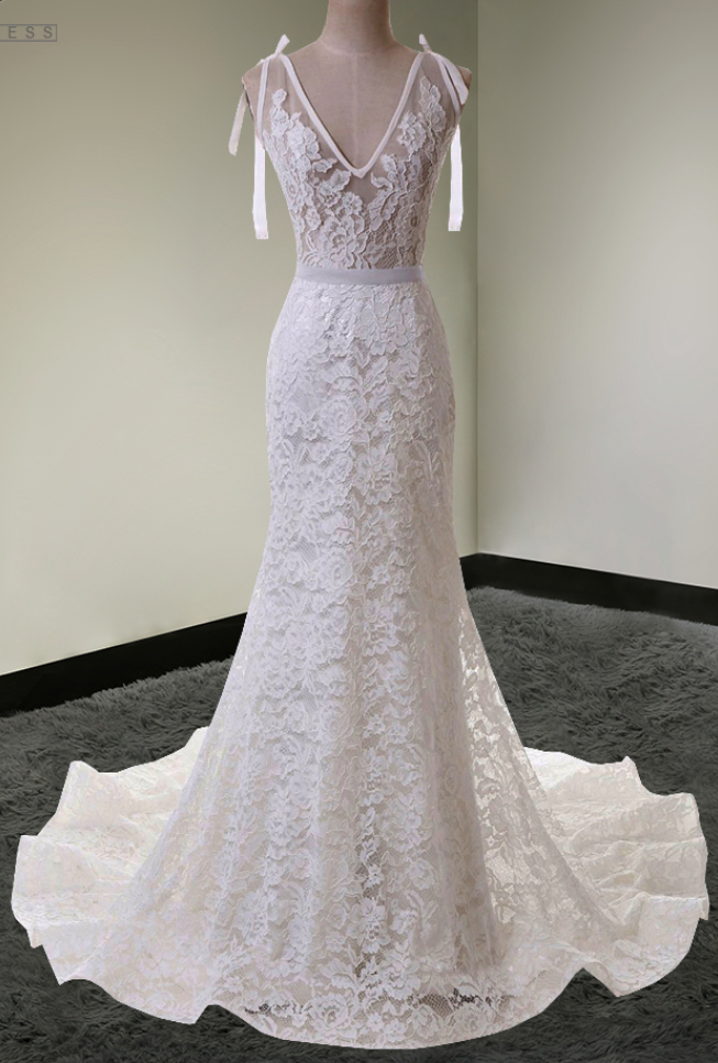 V-neck Sleeveless Sheer Lace Mermaid Long Wedding Dress, Bridal Gown