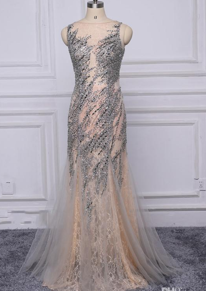 Luxury High-end Mermaid Elegant Tulle Evening Dresses Real Sample Sleeveless Crystal Sequined Evening Gowns 2017 Robe De Soiree