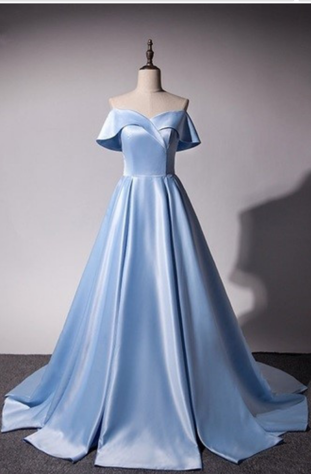 Ice Blue Satin Princess Gowns, Light Blue Prom Dresses , Gorgeous Off Shoulder Party Dresses