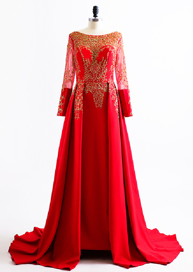 Arab Robe Long-sleeved Red Dress Evening Dress Sexy Dress Coat Of Gold Pearl Long Formal Dresses In The Open Air