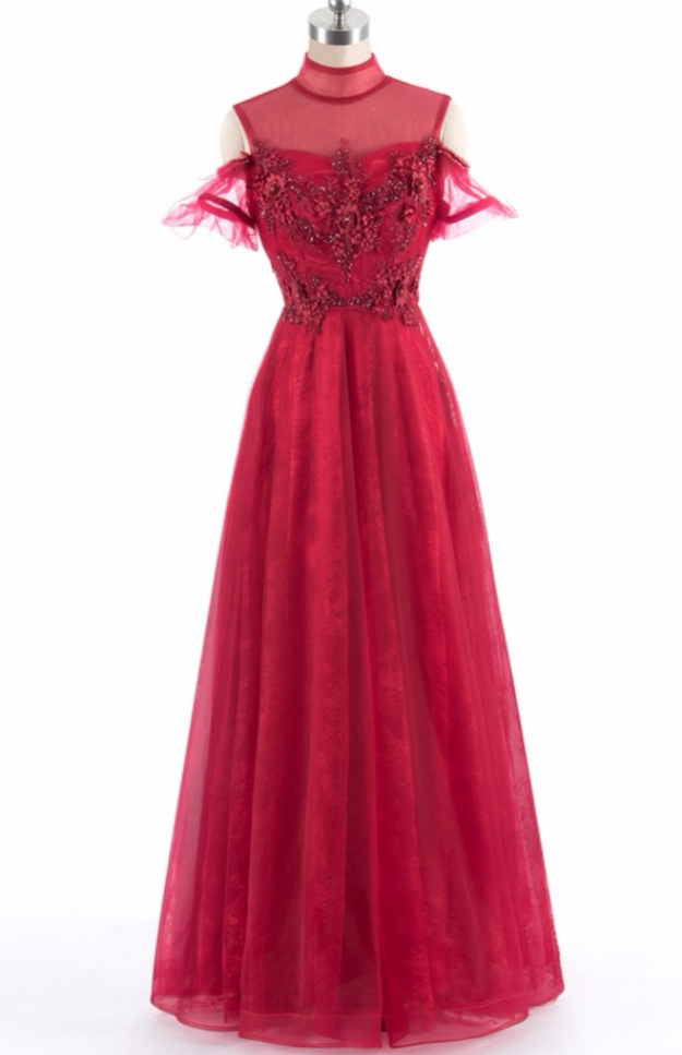 Attractive Red Dress Ah Long Higher Normal Neck Shoulder Open Dress Party Dress