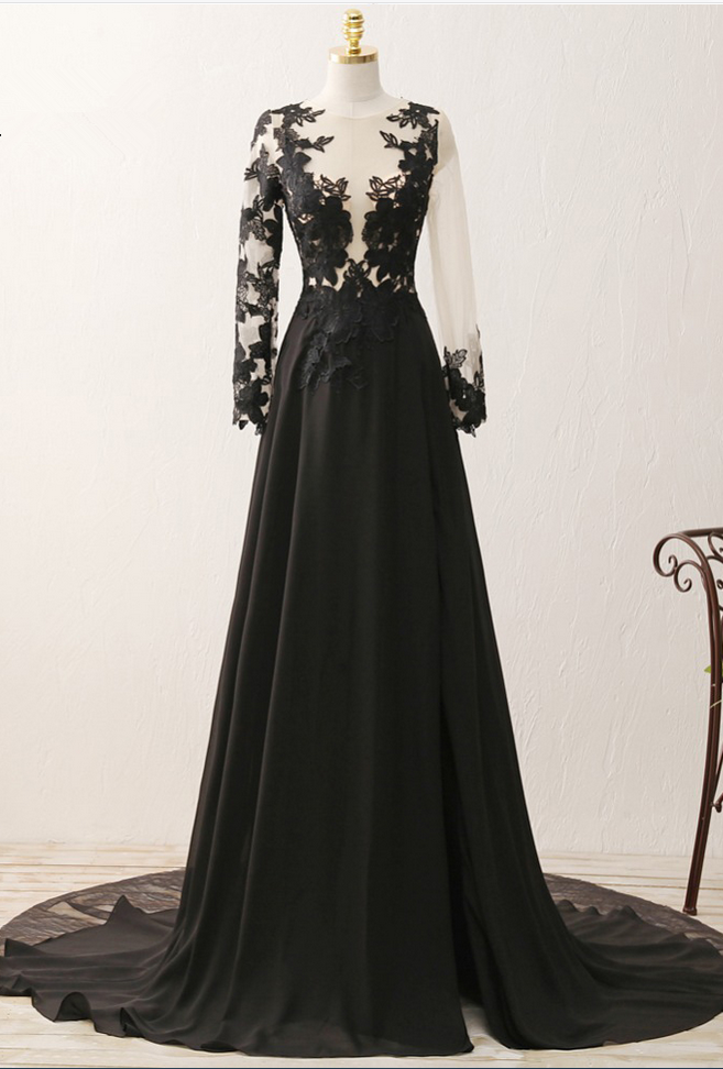 To The Black Chiffon Evening Gown Appliques Cracks, Open Sexy Dress Personalized Silk Evening Gown