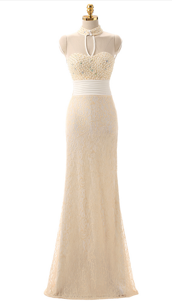 High Collar Pearl Wedding Party A Longer Perspective Lace Mermaid Size Champagne Party Dress