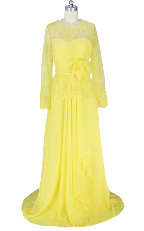 The Yellow Lace Evening Dress, Was The Neck Cuff Silk Layer Formal Party Dress