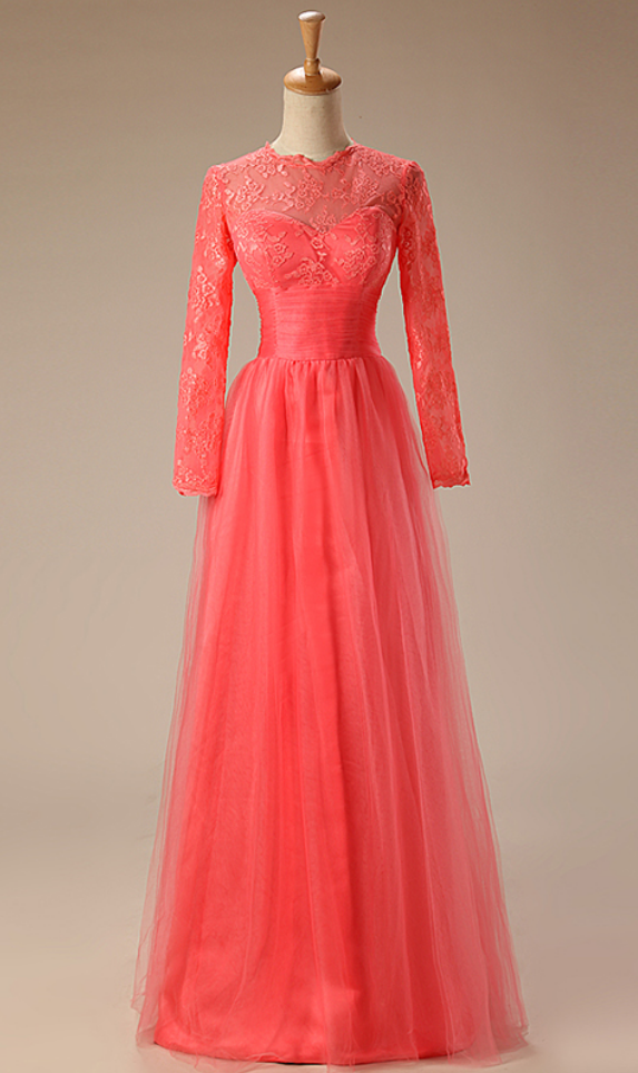 A - ligne rose party dress length long sleeve layer Appliques lace evening dress