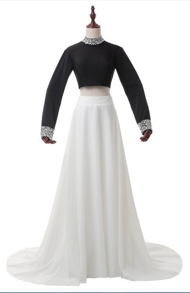 Crystal Long-sleeved Dress Black And White And Dichromatic Silk Dress, Formal A - Luxury Outdoor Party Ligne Silk Dress
