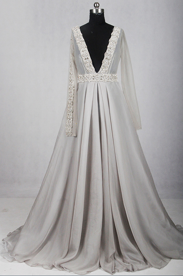 Elegant transparent sexy low-cut dress beautiful grey silver silk crystal long dress party dress