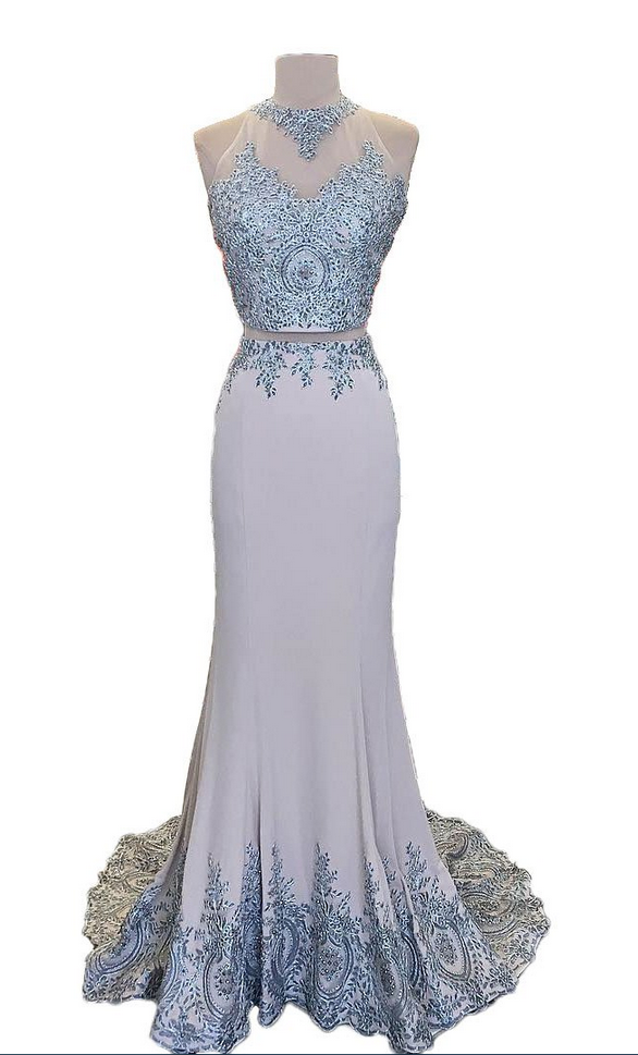 Lace Two Piece Mermaid Evening Dress, Sheer Back Long Prom Dresses